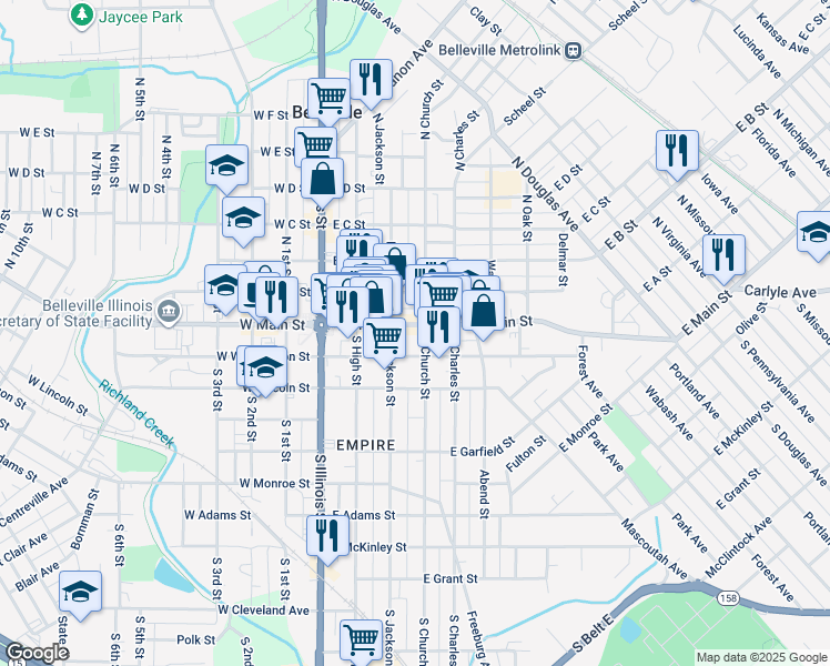 map of restaurants, bars, coffee shops, grocery stores, and more near 225 East Main Street in Belleville