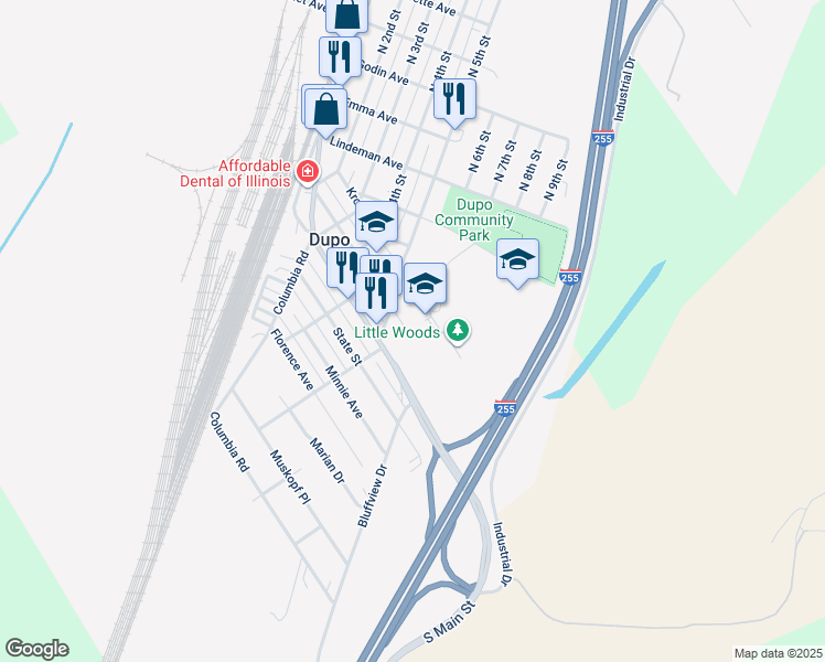 map of restaurants, bars, coffee shops, grocery stores, and more near 600 Louisa Avenue in Dupo