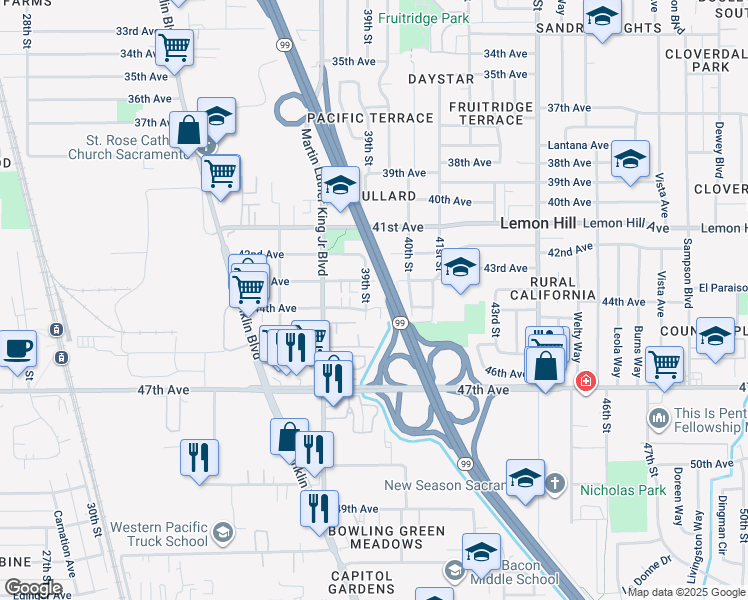 map of restaurants, bars, coffee shops, grocery stores, and more near 6201 39th Street in Sacramento