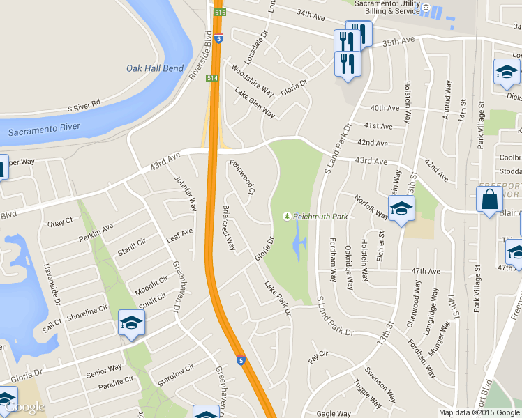 map of restaurants, bars, coffee shops, grocery stores, and more near 6184 Fennwood Court in Sacramento