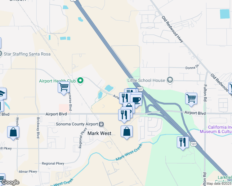 map of restaurants, bars, coffee shops, grocery stores, and more near 417 Aviation Blvd in Santa Rosa