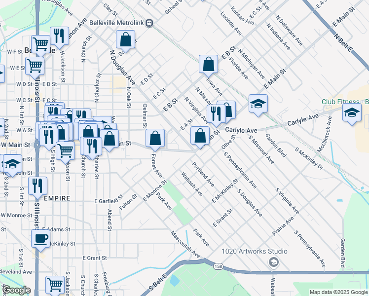 map of restaurants, bars, coffee shops, grocery stores, and more near 26 North Douglas Avenue in Belleville