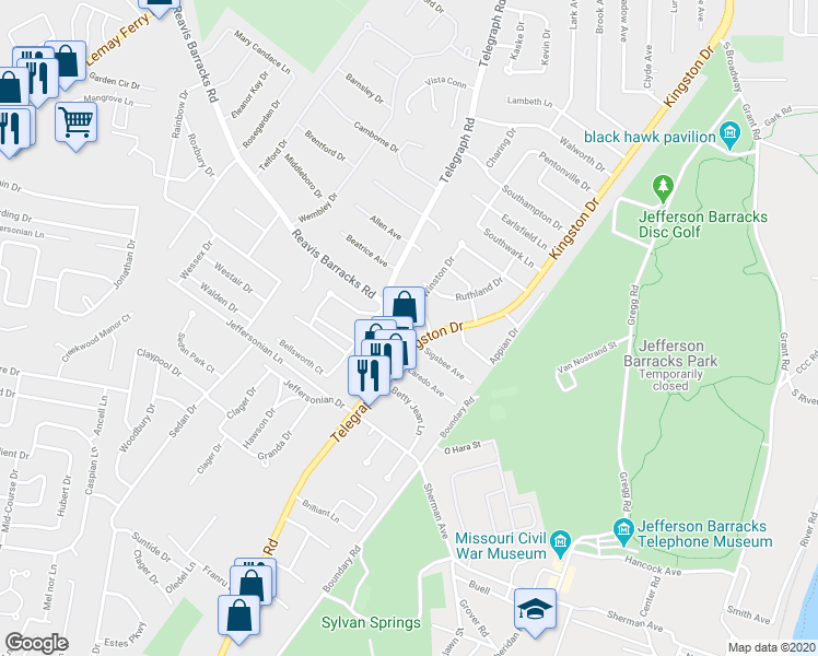 map of restaurants, bars, coffee shops, grocery stores, and more near 325 Atlas Drive in St. Louis