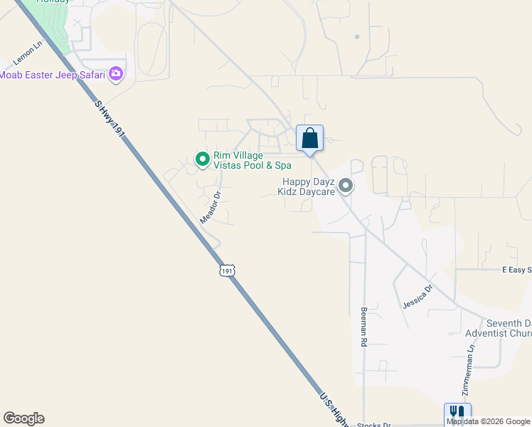 map of restaurants, bars, coffee shops, grocery stores, and more near 3885 Maynard Lane in Moab