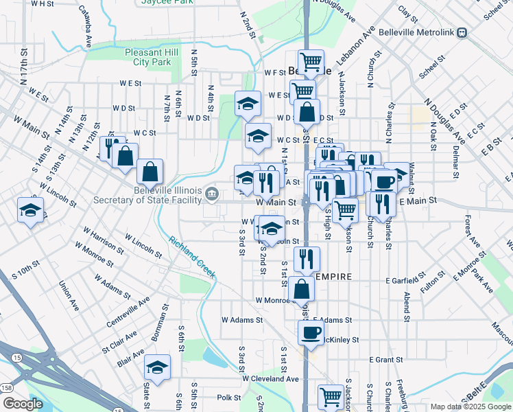 map of restaurants, bars, coffee shops, grocery stores, and more near 223 West Main Street in Belleville
