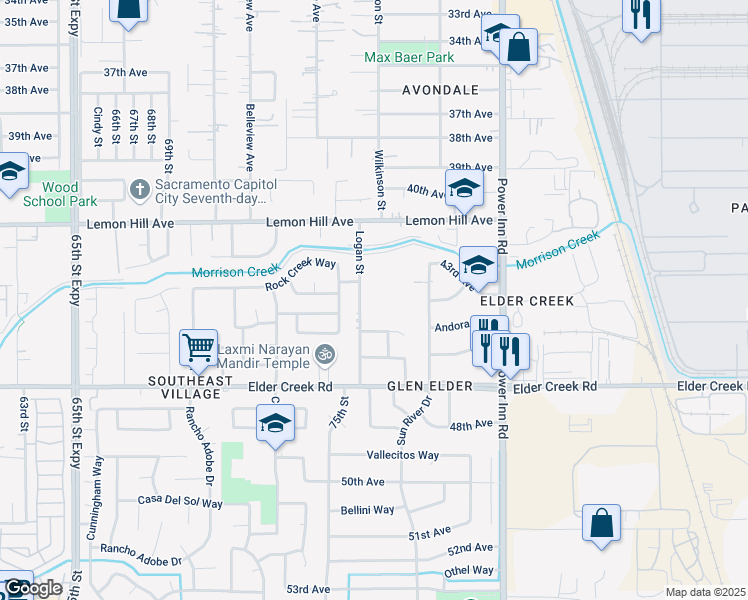 map of restaurants, bars, coffee shops, grocery stores, and more near 6207 Logan Street in Sacramento