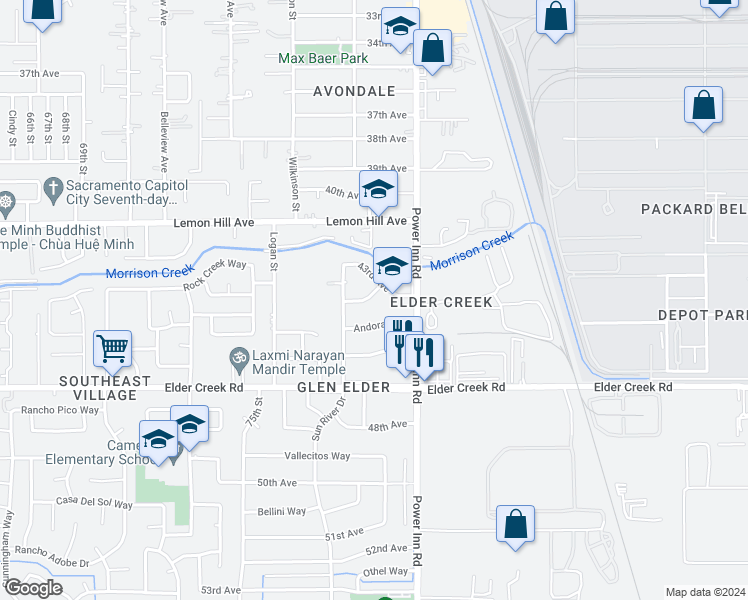 map of restaurants, bars, coffee shops, grocery stores, and more near 7916 Elder Glen Way in Sacramento