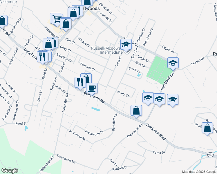 map of restaurants, bars, coffee shops, grocery stores, and more near 2301-2313 Long St in Flatwoods