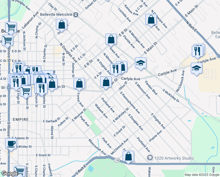 map of restaurants, bars, coffee shops, grocery stores, and more near 1020 East Main Street in Belleville