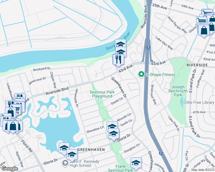 map of restaurants, bars, coffee shops, grocery stores, and more near 6230 Greenhaven Drive in Sacramento