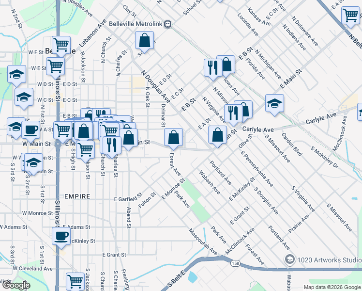 map of restaurants, bars, coffee shops, grocery stores, and more near 11 Grand Avenue in Belleville