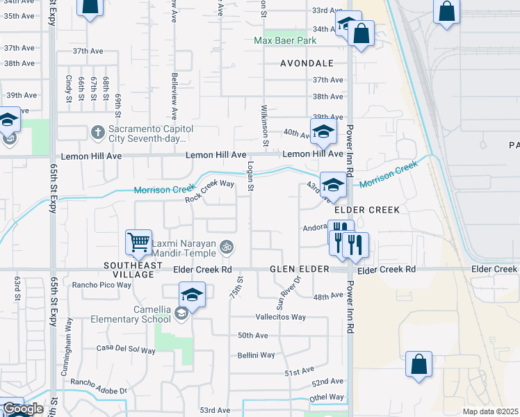 map of restaurants, bars, coffee shops, grocery stores, and more near 6207 Logan Street in Sacramento