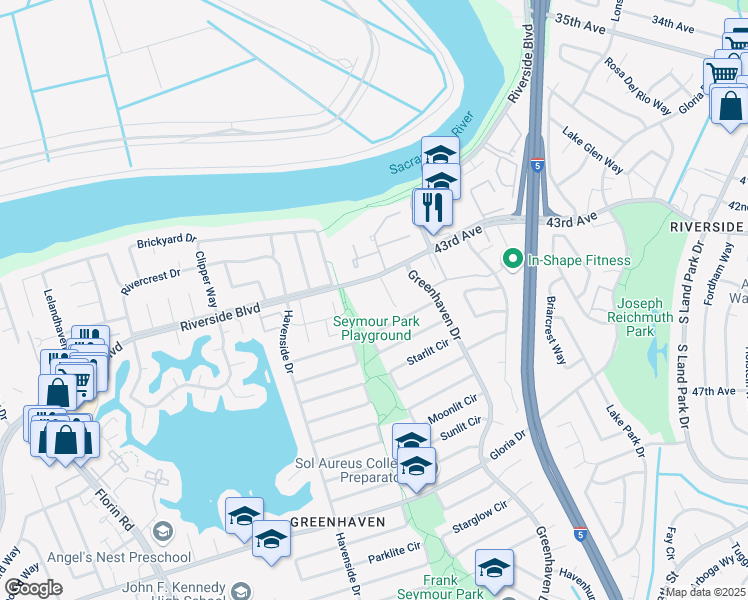map of restaurants, bars, coffee shops, grocery stores, and more near 6200 Greenhaven Drive in Sacramento