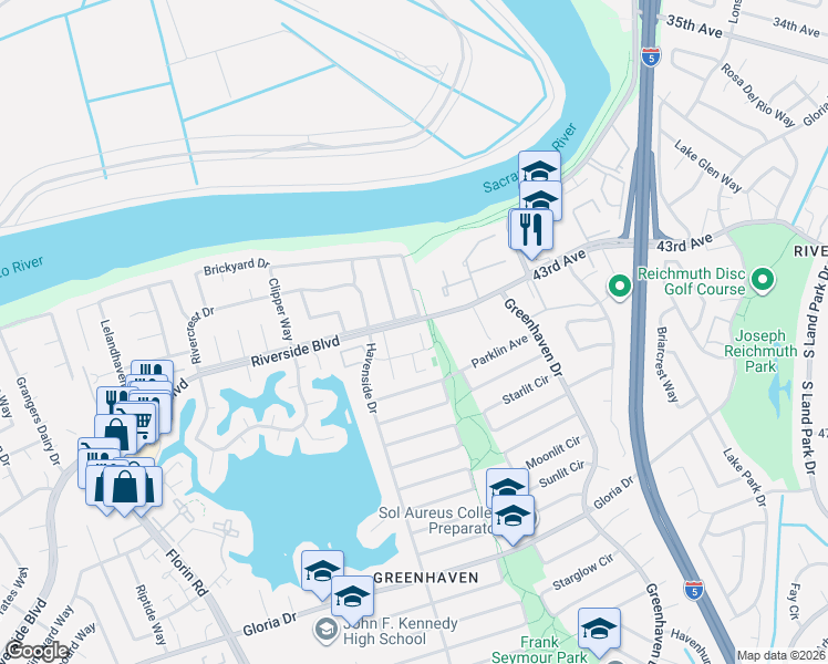 map of restaurants, bars, coffee shops, grocery stores, and more near 6201 Riverton Way in Sacramento