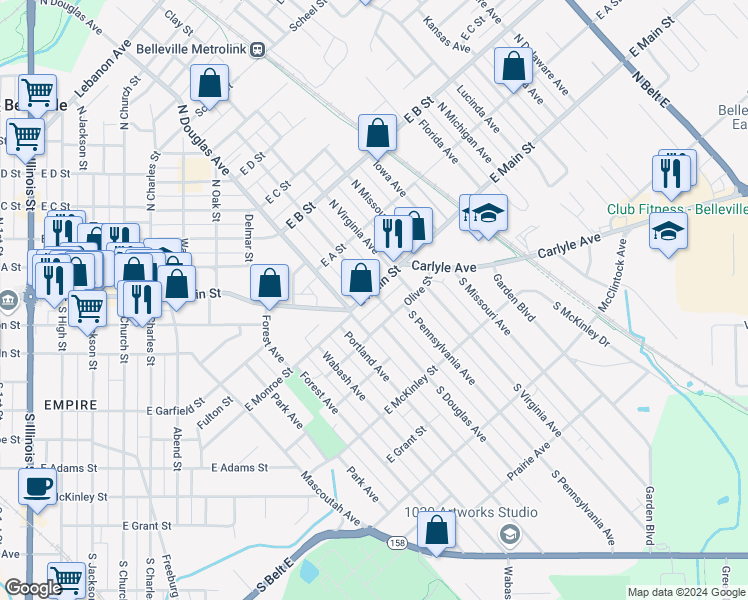 map of restaurants, bars, coffee shops, grocery stores, and more near 5 North Pennsylvania Avenue in Belleville