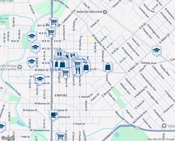 map of restaurants, bars, coffee shops, grocery stores, and more near 600 E Main St in Belleville