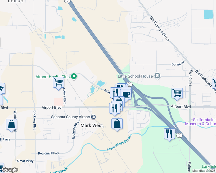 map of restaurants, bars, coffee shops, grocery stores, and more near 417 Aviation Boulevard in Santa Rosa