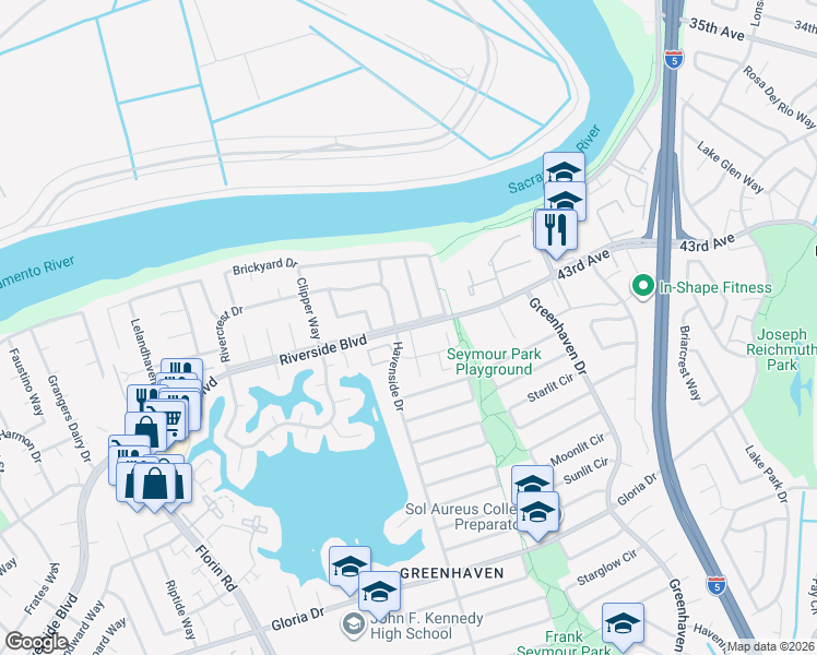 map of restaurants, bars, coffee shops, grocery stores, and more near 6224 Riverside Boulevard in Sacramento