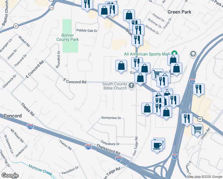 map of restaurants, bars, coffee shops, grocery stores, and more near 4201 Leonard Drive in St. Louis