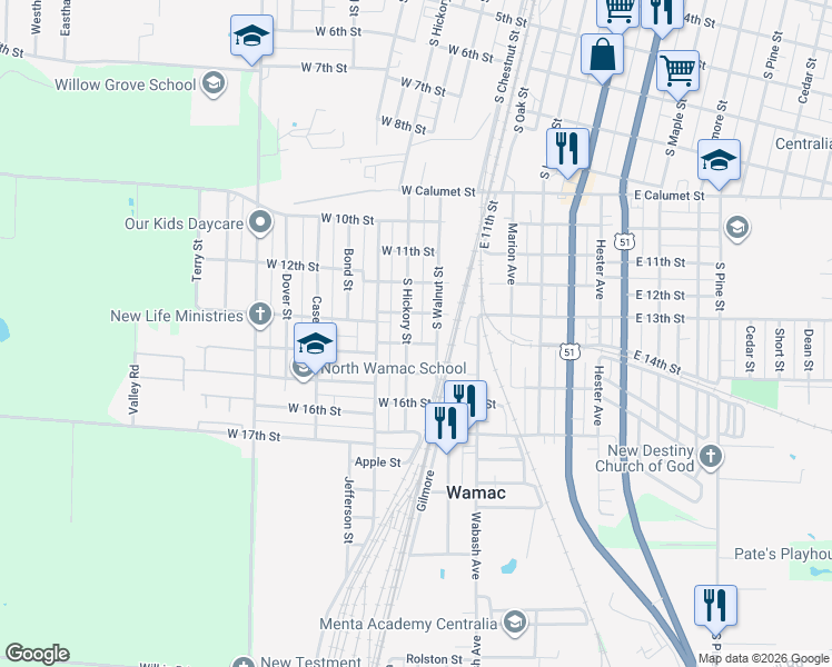 map of restaurants, bars, coffee shops, grocery stores, and more near 1301 South Hickory Street in Centralia