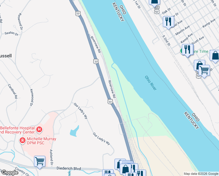 map of restaurants, bars, coffee shops, grocery stores, and more near 201-1299 Riverview Rd in Ashland
