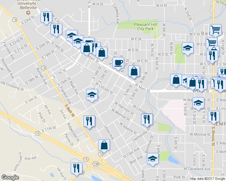 map of restaurants, bars, coffee shops, grocery stores, and more near 114 South 11th Street in Belleville