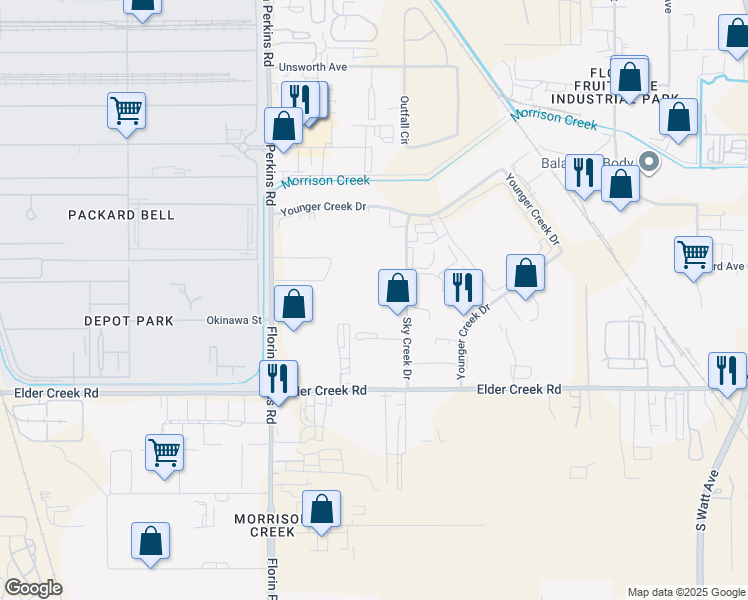 map of restaurants, bars, coffee shops, grocery stores, and more near 6350 Sky Creek Drive in Sacramento