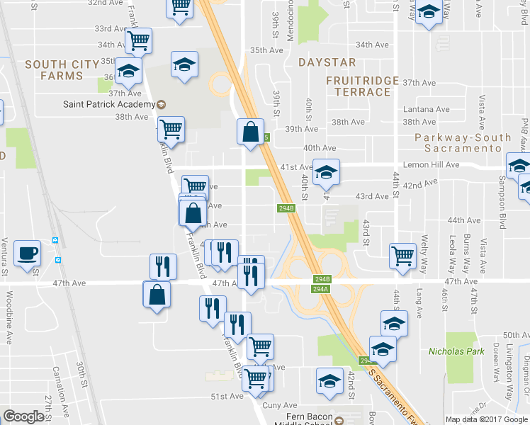 map of restaurants, bars, coffee shops, grocery stores, and more near 3825 43rd Avenue in Sacramento