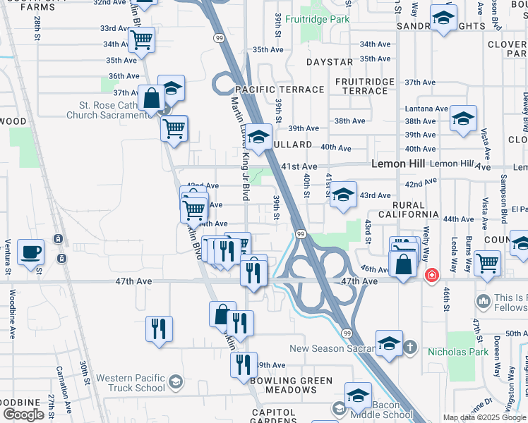 map of restaurants, bars, coffee shops, grocery stores, and more near 3825 43rd Avenue in Sacramento