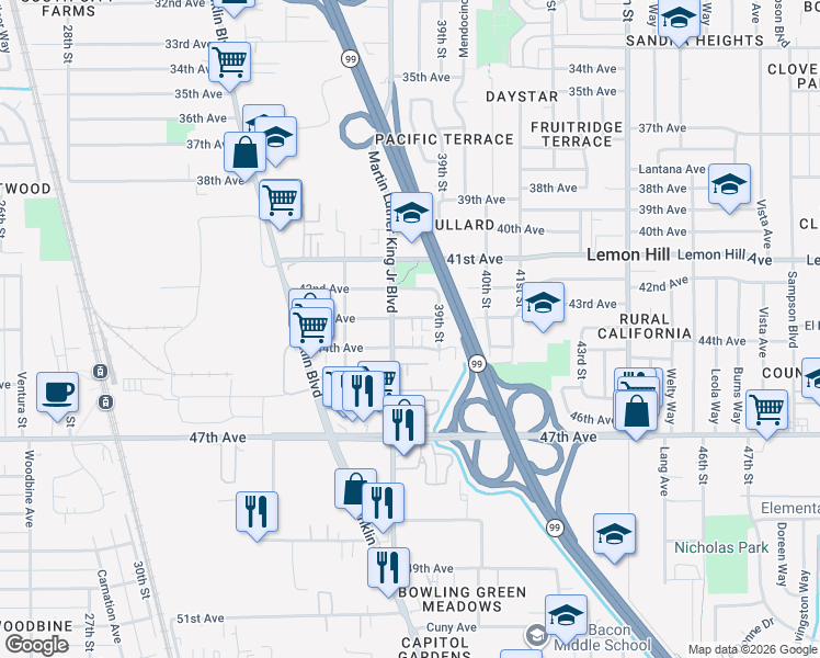 map of restaurants, bars, coffee shops, grocery stores, and more near 3825 43rd Avenue in Sacramento