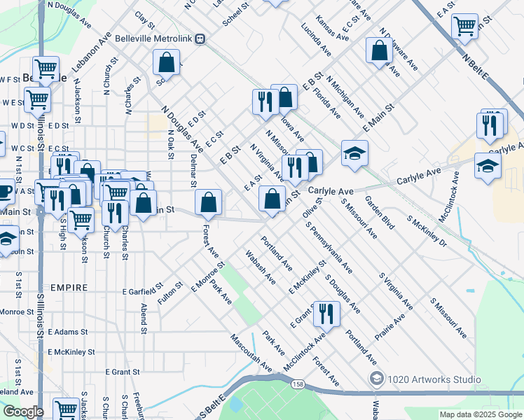 map of restaurants, bars, coffee shops, grocery stores, and more near 5 North Pennsylvania Avenue in Belleville