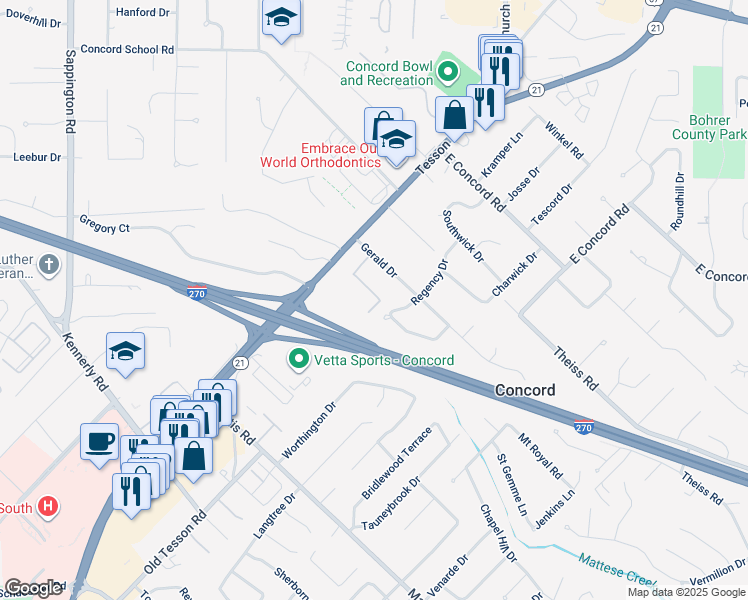 map of restaurants, bars, coffee shops, grocery stores, and more near 9920 Merito Drive in St. Louis