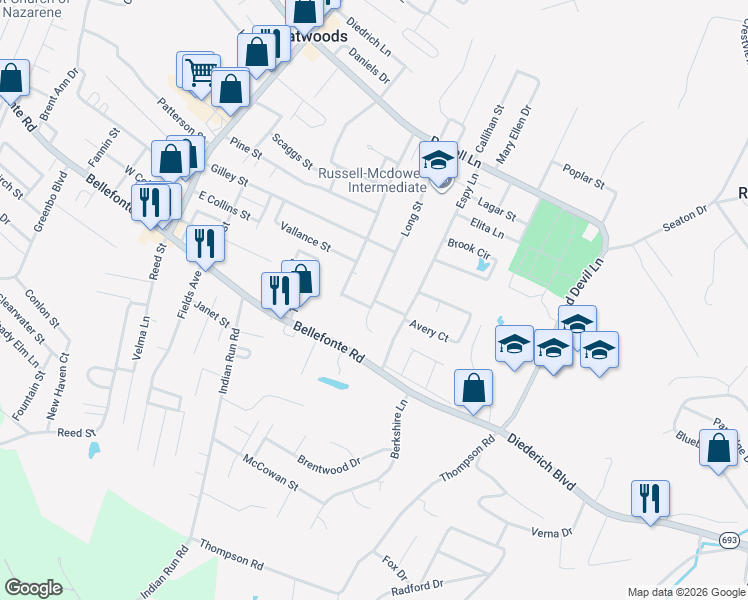 map of restaurants, bars, coffee shops, grocery stores, and more near 2313 Long St in Flatwoods