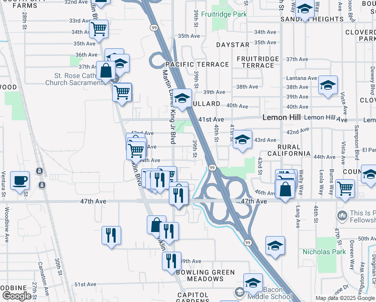 map of restaurants, bars, coffee shops, grocery stores, and more near 3904 43rd Avenue in Sacramento