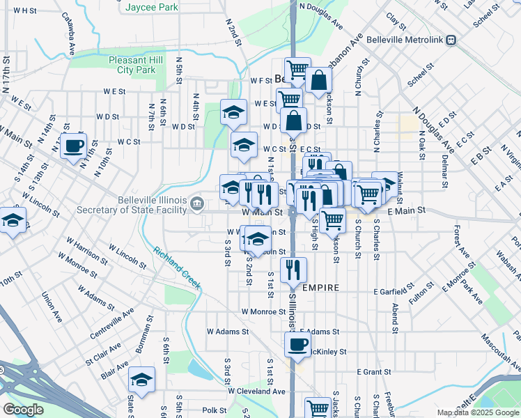 map of restaurants, bars, coffee shops, grocery stores, and more near 123 West Main Street in Belleville