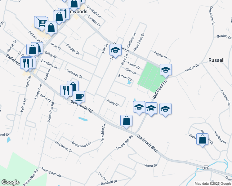 map of restaurants, bars, coffee shops, grocery stores, and more near 619 Windsor Ln in Flatwoods