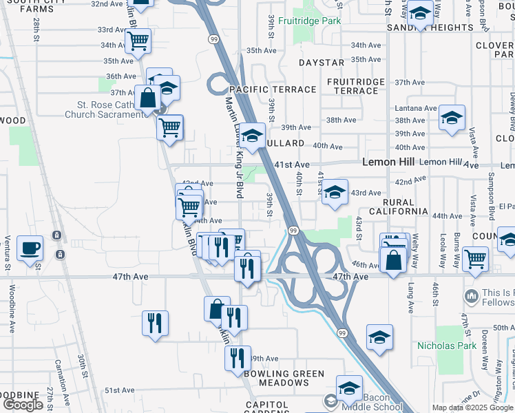 map of restaurants, bars, coffee shops, grocery stores, and more near 3825 43rd Avenue in Sacramento