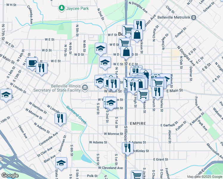 map of restaurants, bars, coffee shops, grocery stores, and more near 123 West Main Street in Belleville