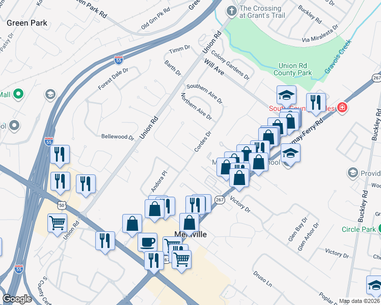 map of restaurants, bars, coffee shops, grocery stores, and more near 3901 Randhall Drive in St. Louis
