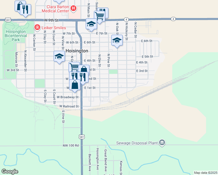 map of restaurants, bars, coffee shops, grocery stores, and more near 101 North Pine Street in Hoisington