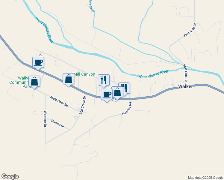 map of restaurants, bars, coffee shops, grocery stores, and more near 106 Meadow Drive in Coleville