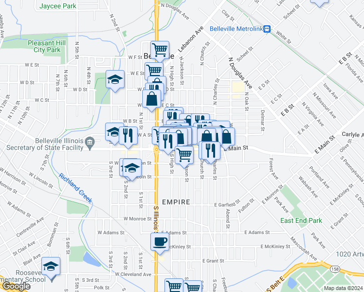 map of restaurants, bars, coffee shops, grocery stores, and more near 119 East Main Street in Belleville