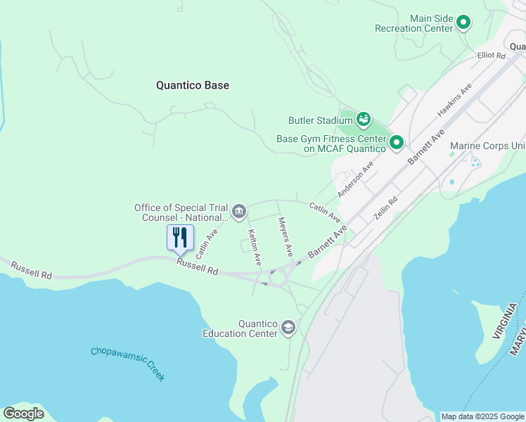 map of restaurants, bars, coffee shops, grocery stores, and more near 3250 Catlin Avenue in Quantico