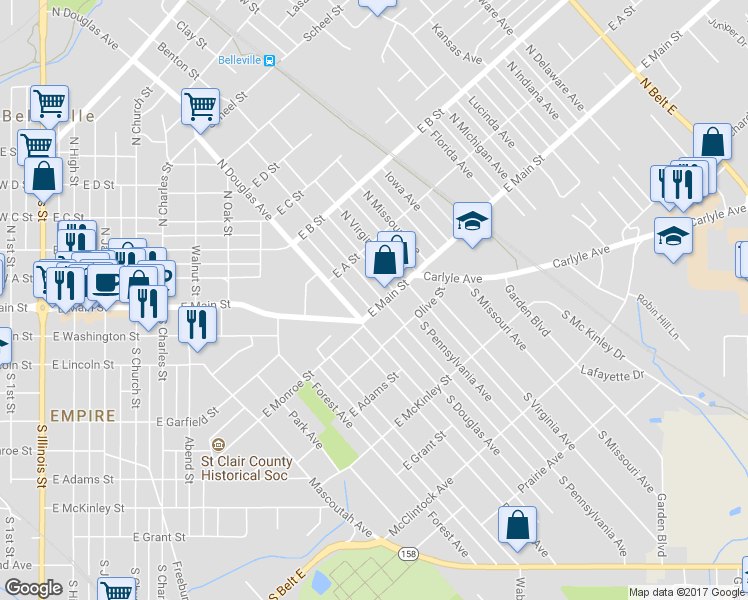 map of restaurants, bars, coffee shops, grocery stores, and more near 5 North Pennsylvania Avenue in Belleville