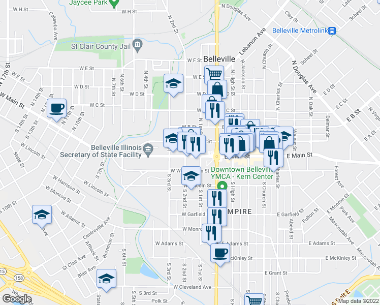 map of restaurants, bars, coffee shops, grocery stores, and more near 123 West Main Street in Belleville