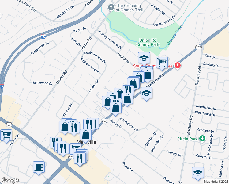 map of restaurants, bars, coffee shops, grocery stores, and more near 3663 Colonia Place Drive in St. Louis