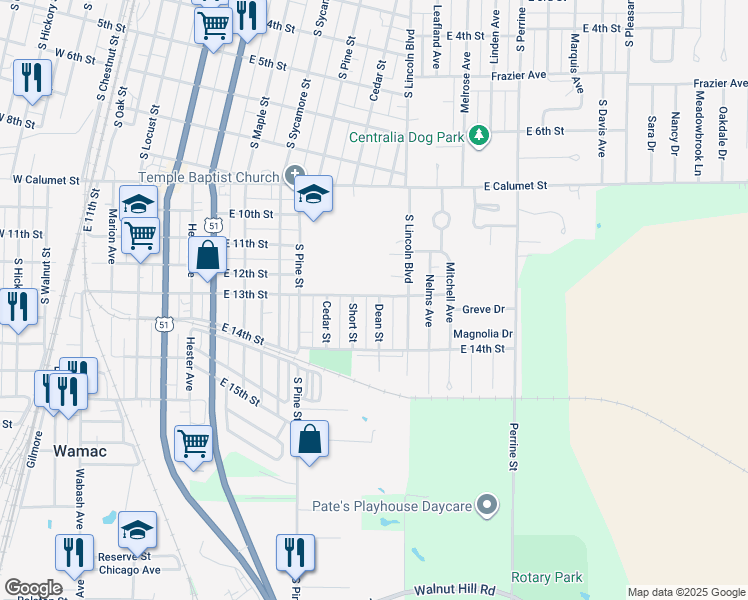 map of restaurants, bars, coffee shops, grocery stores, and more near 1300 Dean Street in Centralia