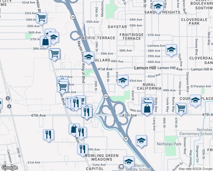 map of restaurants, bars, coffee shops, grocery stores, and more near 3946 43rd Avenue in Sacramento