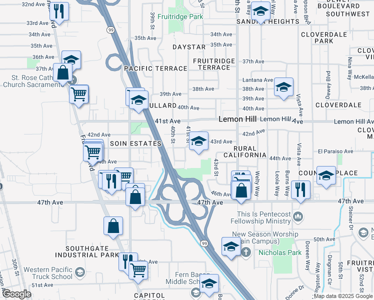 map of restaurants, bars, coffee shops, grocery stores, and more near 4100 43rd Avenue in Sacramento
