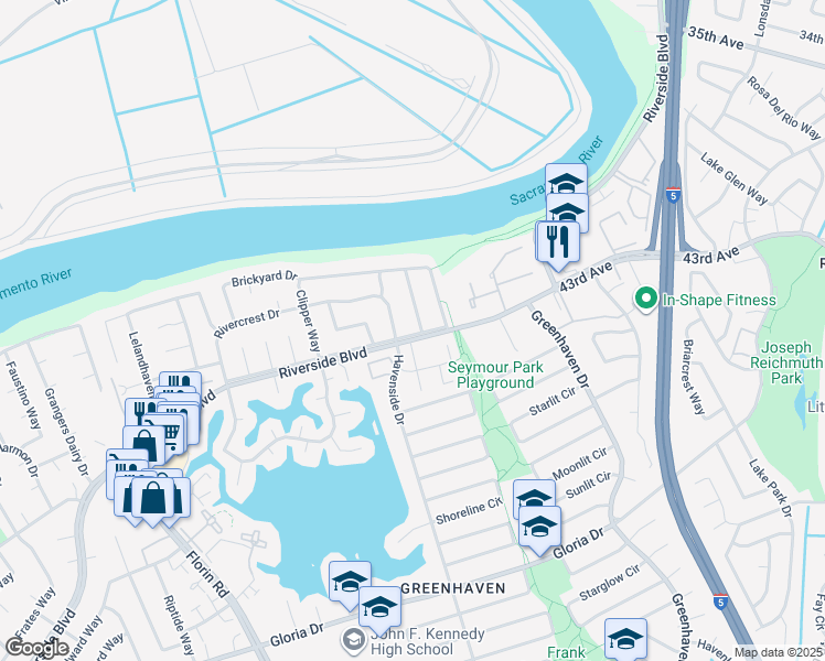 map of restaurants, bars, coffee shops, grocery stores, and more near 6201 Riverton Way in Sacramento